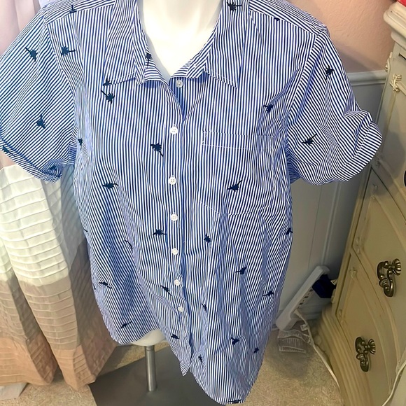 Westport Tops Westport Embroidered Button Down Striped Shirt Plus Size Cuffed Cap Sleeves